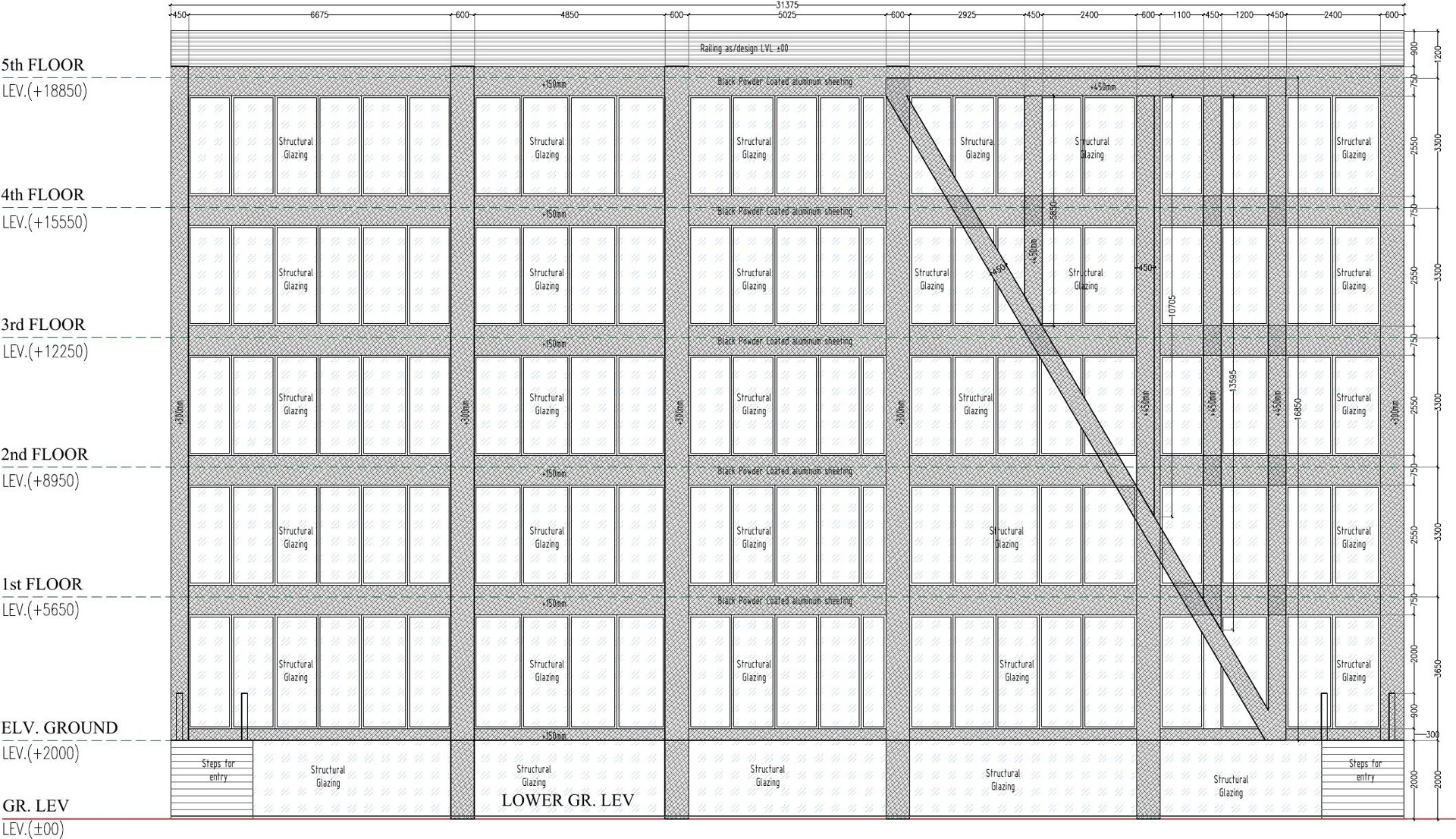 Multi-storey commercial front elevation with structural grid and floor levels