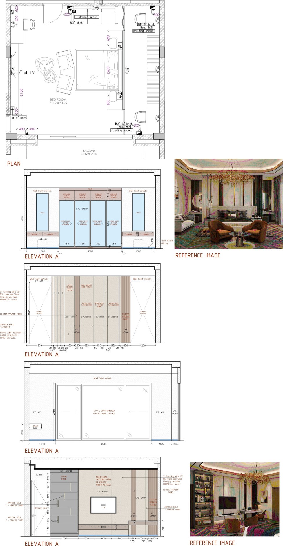 Parents' bedroom wall elevations with fluted veneer panelling and wardrobe details