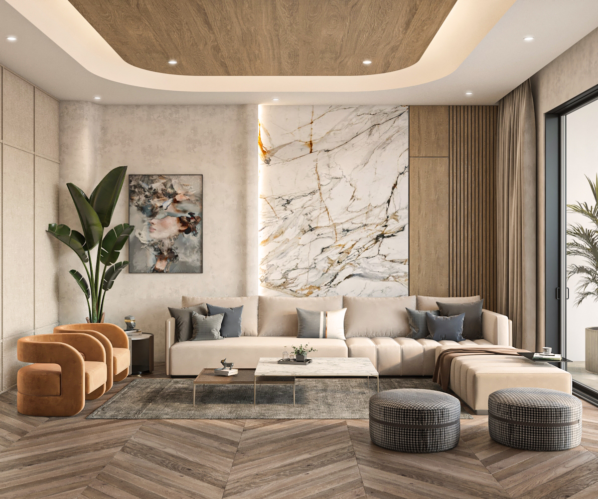 Family lounge with book-matched marble feature wall, chevron flooring, and curved tan armchairs