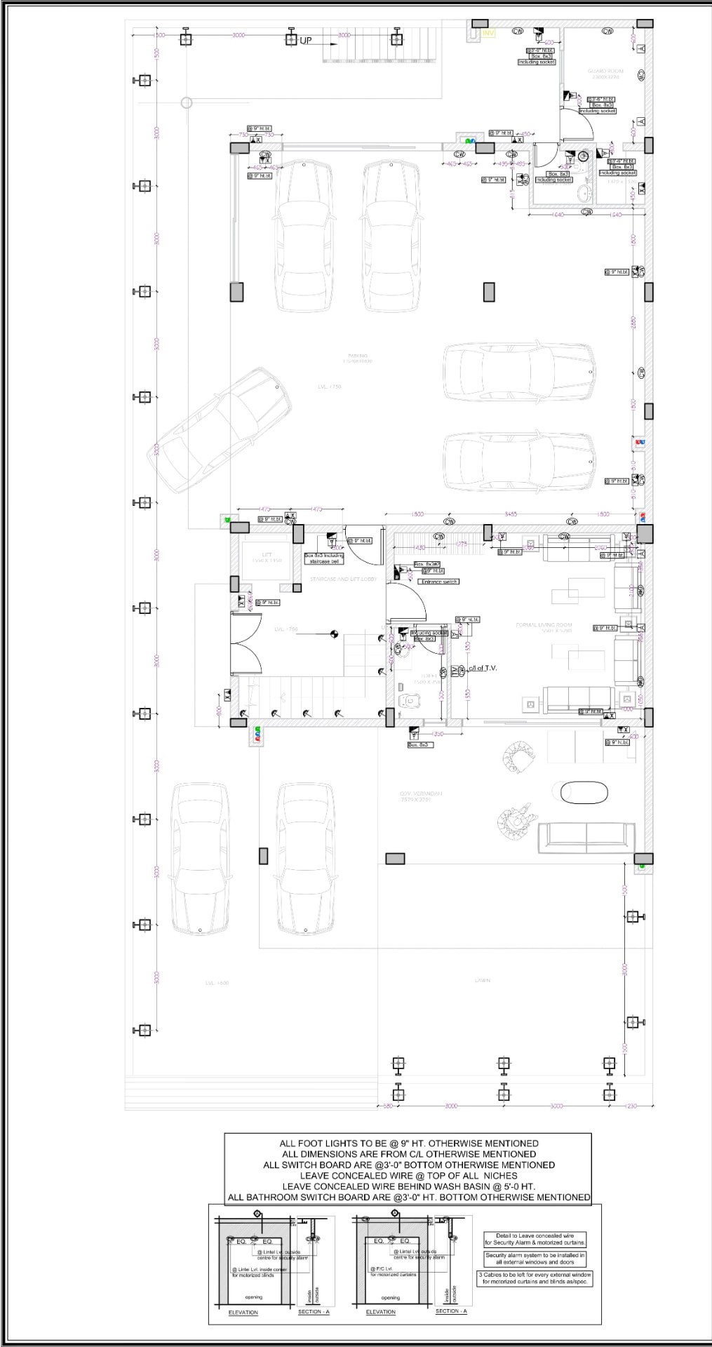 Stilt floor wall electrical plan with switch, socket, and data point layout