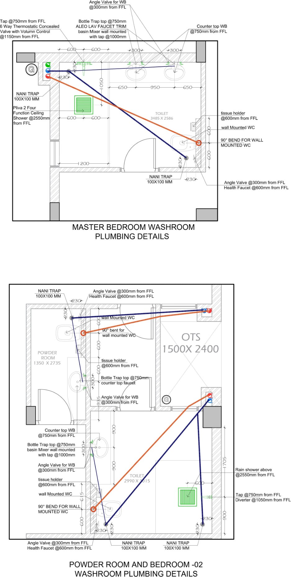 Ground floor plumbing details for master bedroom, powder room, and washroom
