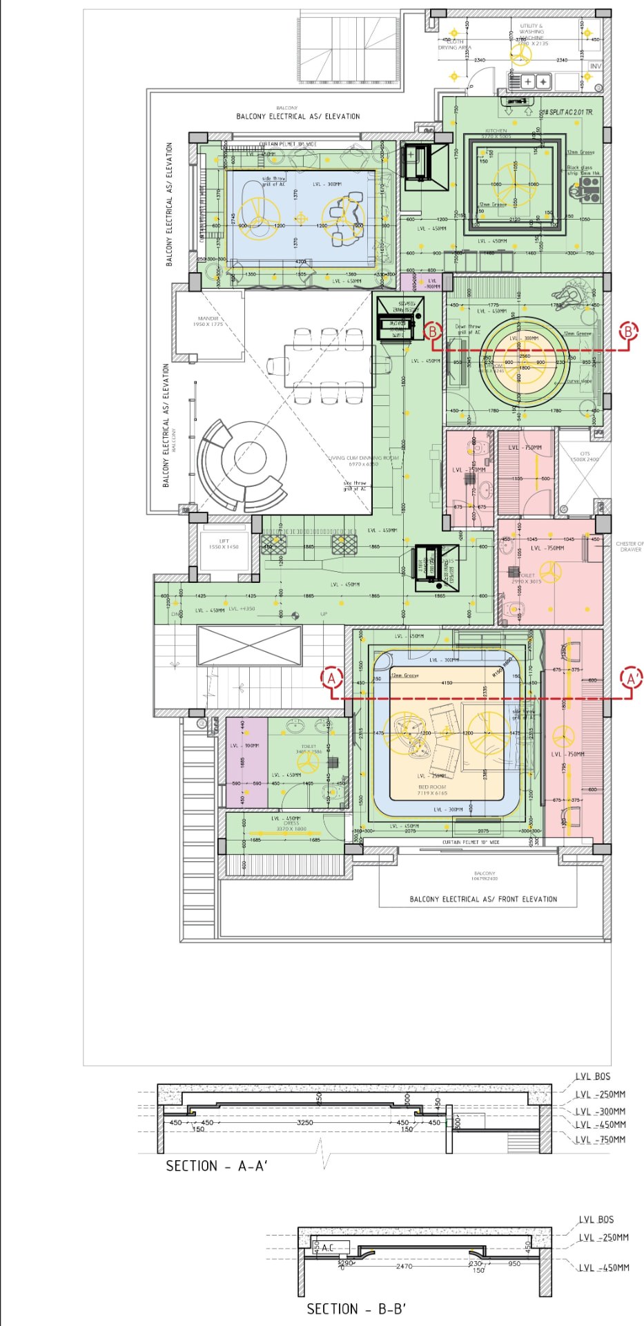 Ground floor false ceiling plan with lighting layout and ceiling sections