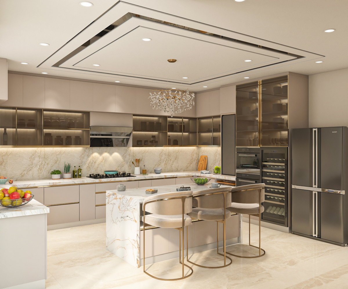 L-shaped luxury kitchen with fluted marble island, wine cooler, and coffered ceiling