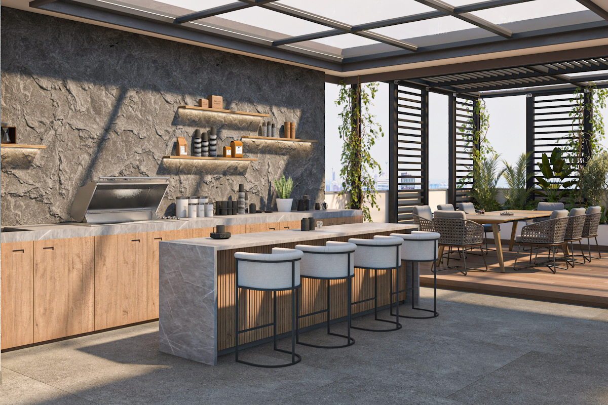 Rooftop outdoor kitchen and bar with stone backsplash, timber cabinetry, and upholstered counter stools
