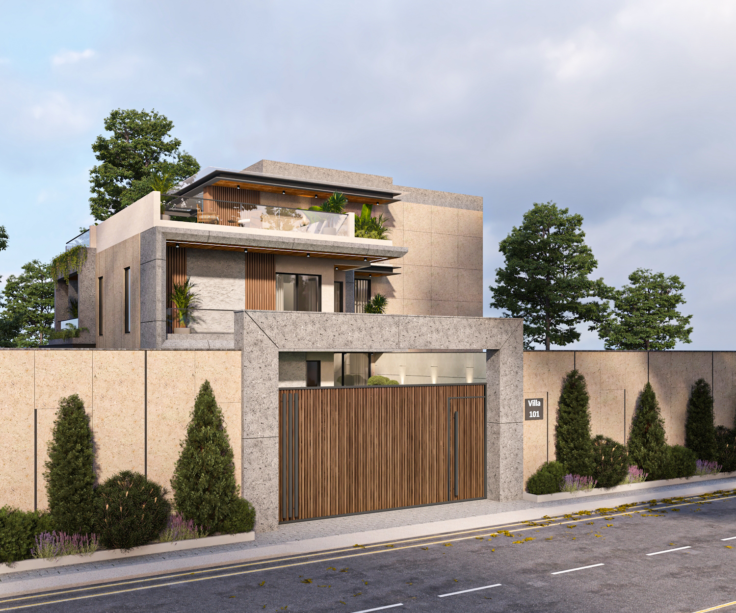 Villa in Kanpur — street elevation with slatted timber gate and Villa 101 signage