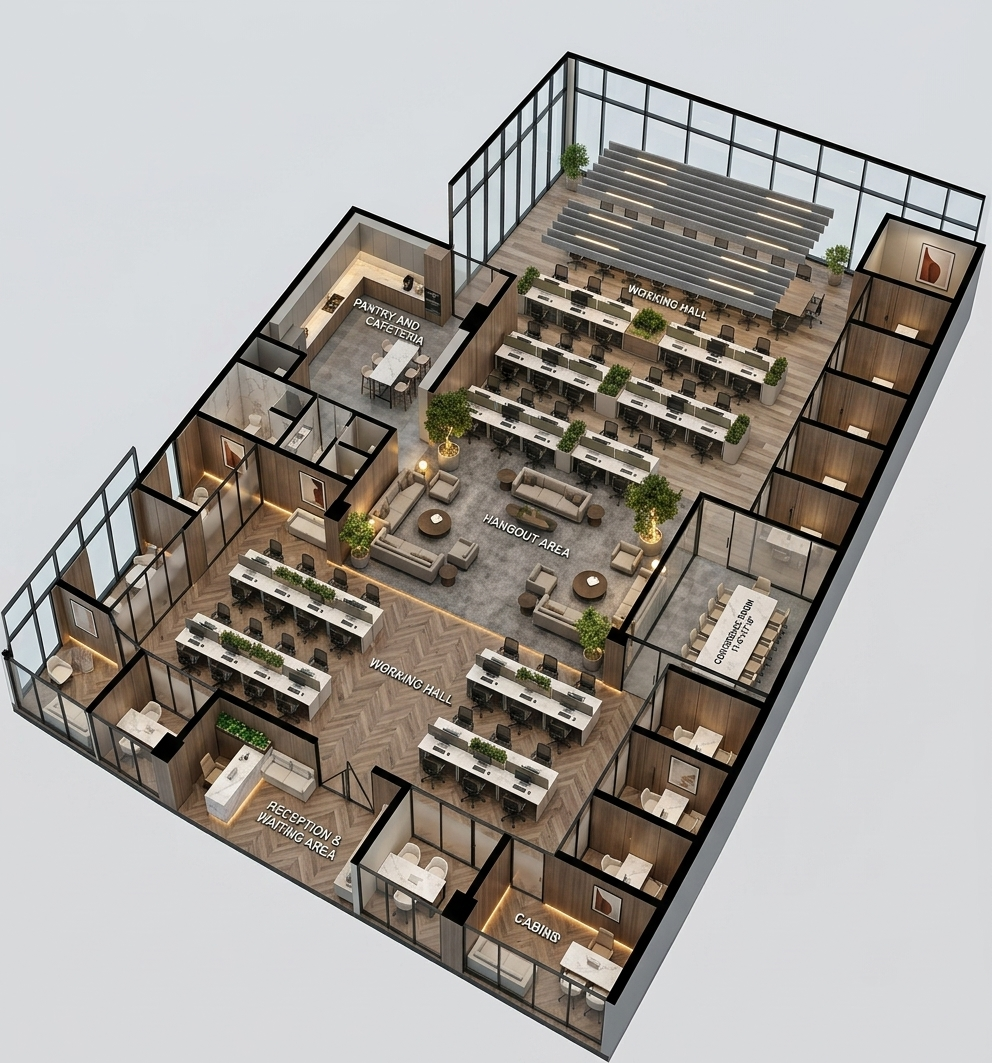Isometric 3D office floor plan with reception, working halls, hangout area, pantry, cabins, and conference room