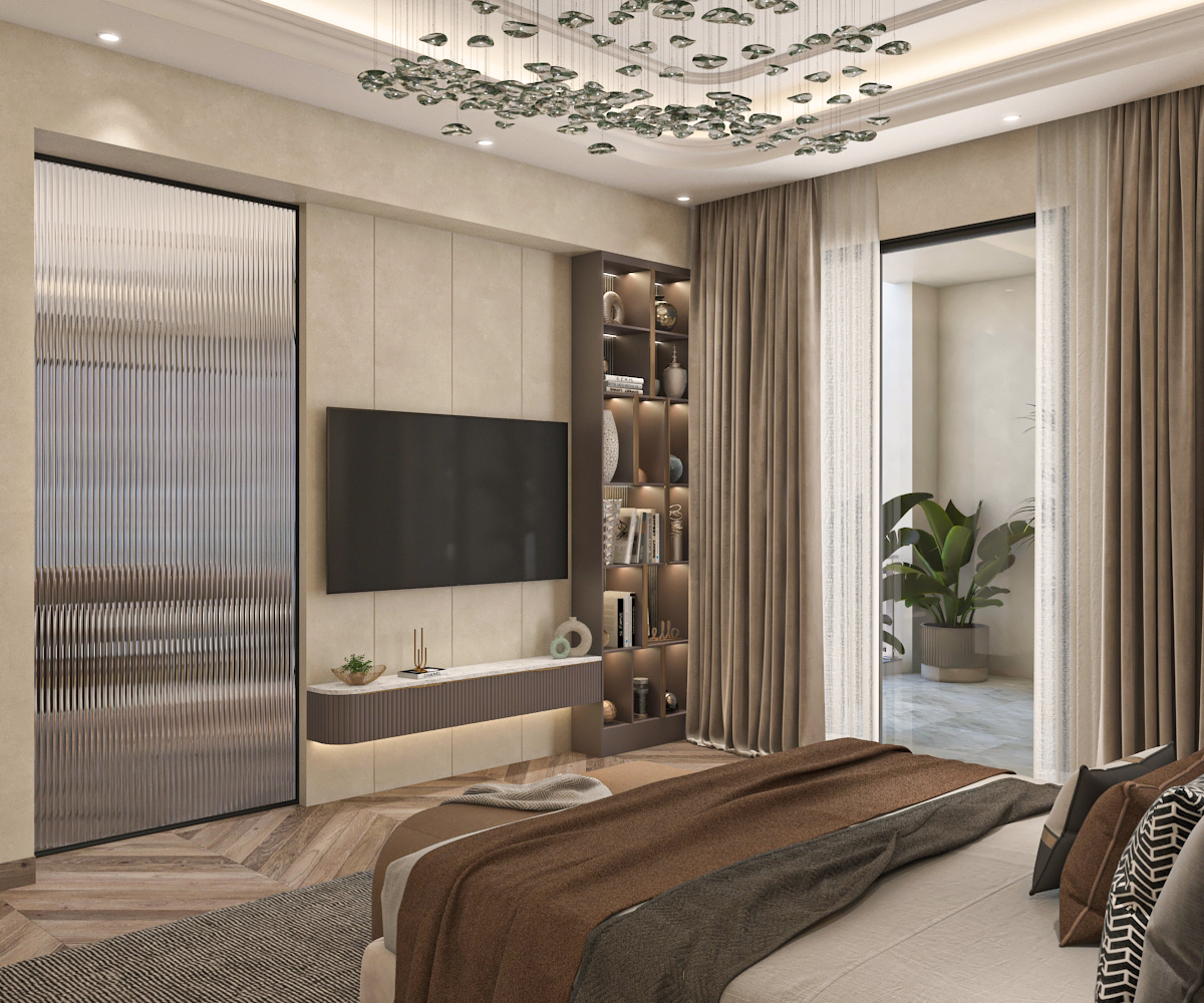 Bedroom media wall with floating console, display shelving, and full-height drapery