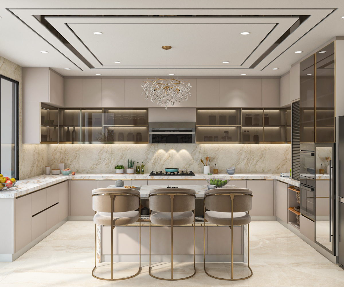 Modular kitchen with bronze glass cabinets, marble backsplash, and crystal chandelier over gold-framed island