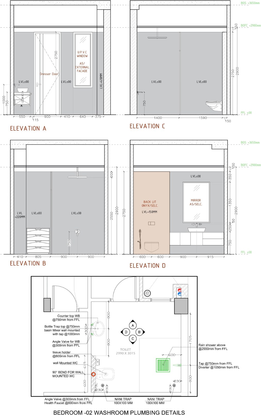 Grandparents' bathroom wall elevations with backlit onyx panel and plumbing layout