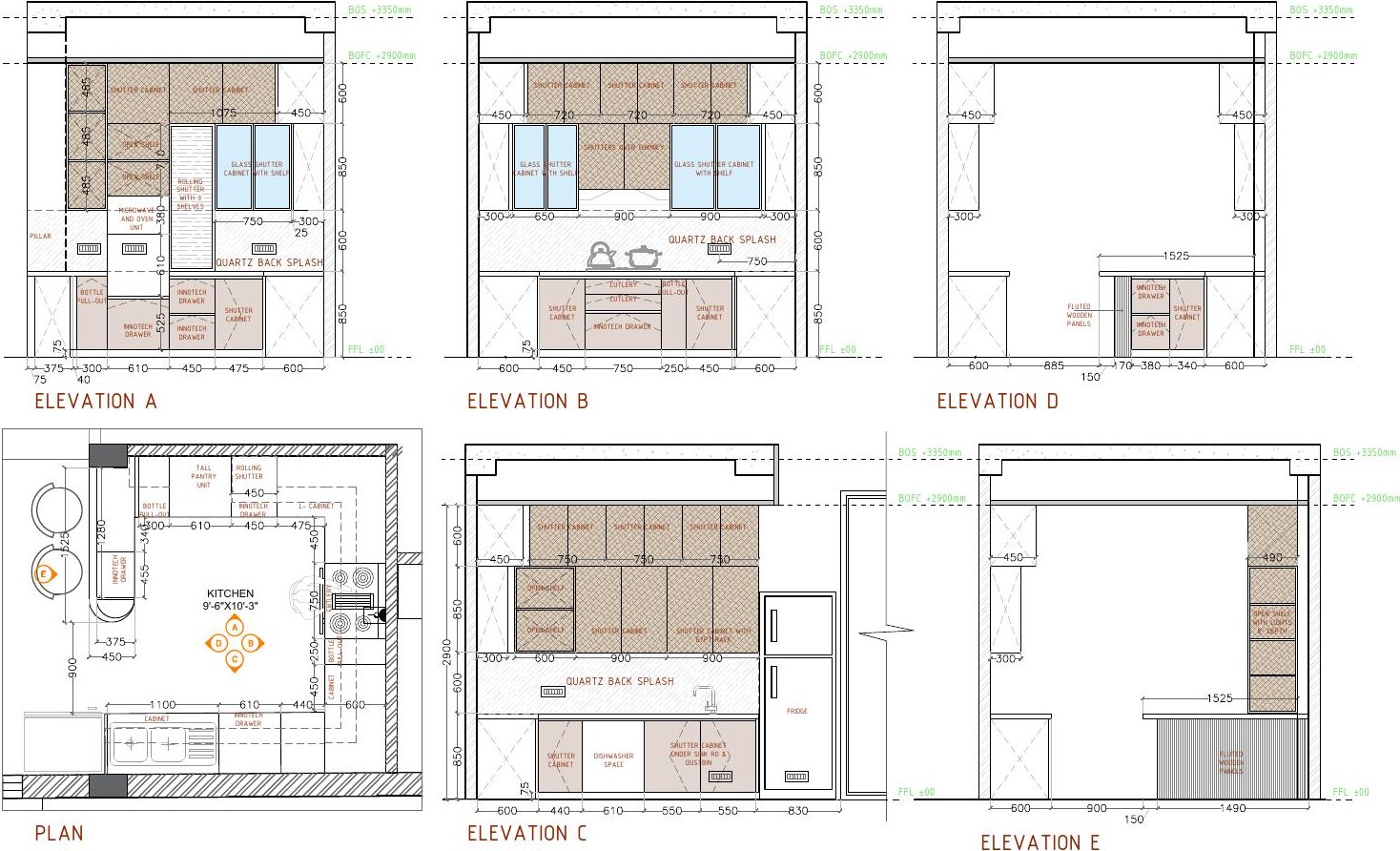Kitchen plan and cabinetry elevations with appliance and shutter detailing