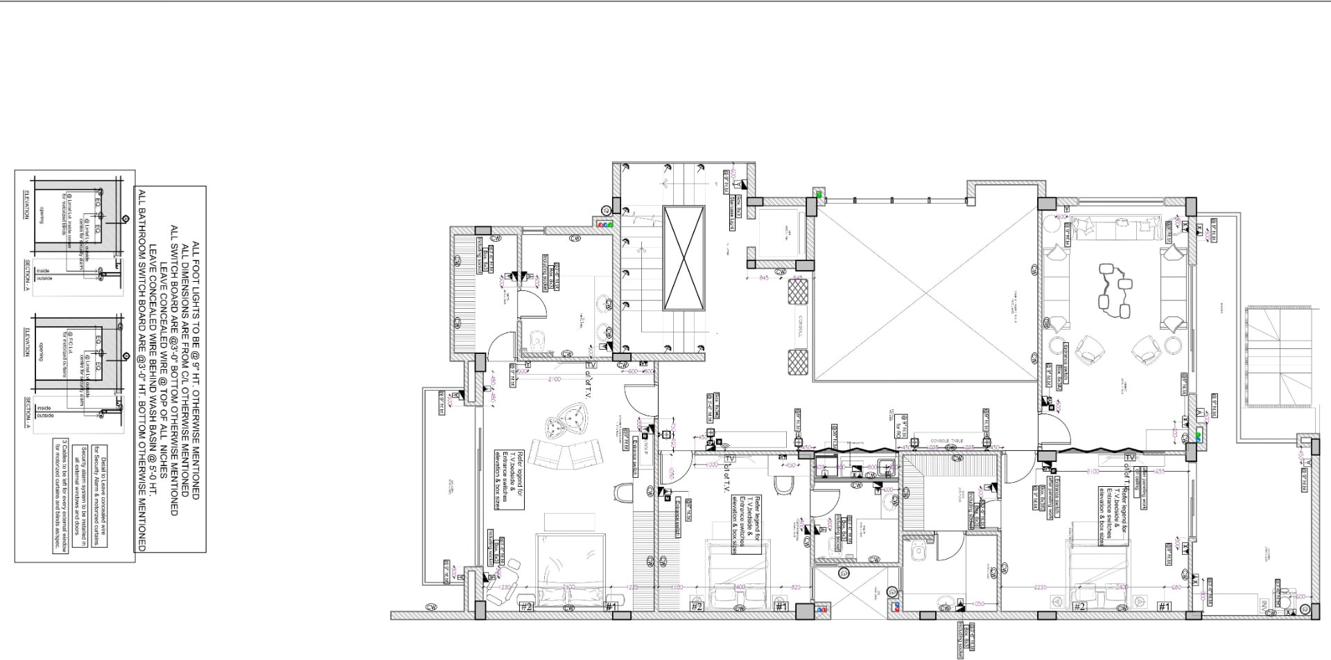 First floor wall electrical plan with switch boards, TV points, and general notes