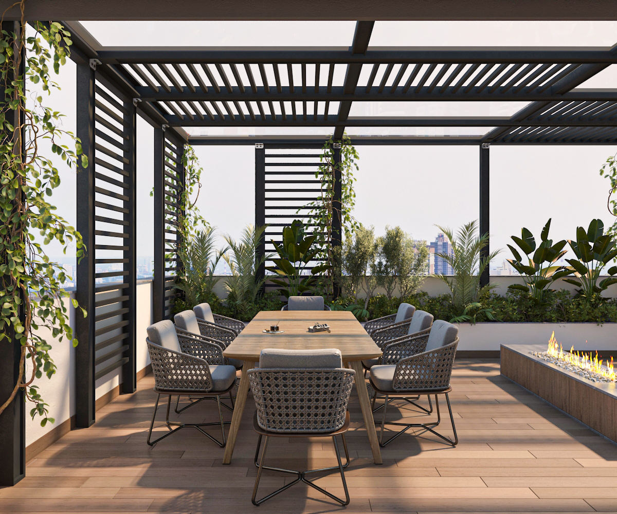Outdoor dining terrace with pergola, teak table, and linear fire feature beside tropical planting