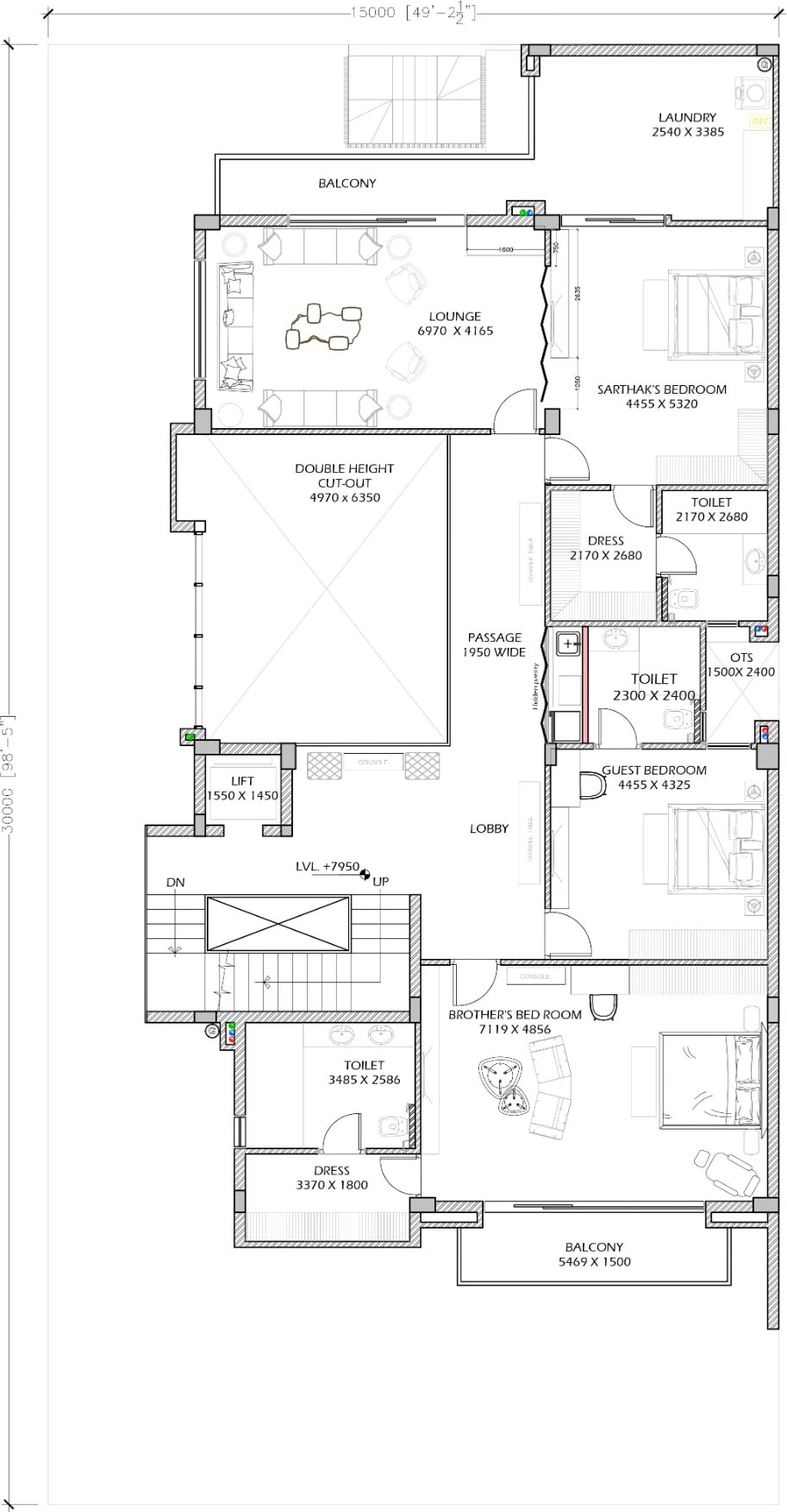 First floor plan with lounge, bedrooms, dressers, toilets, and double-height cut-out