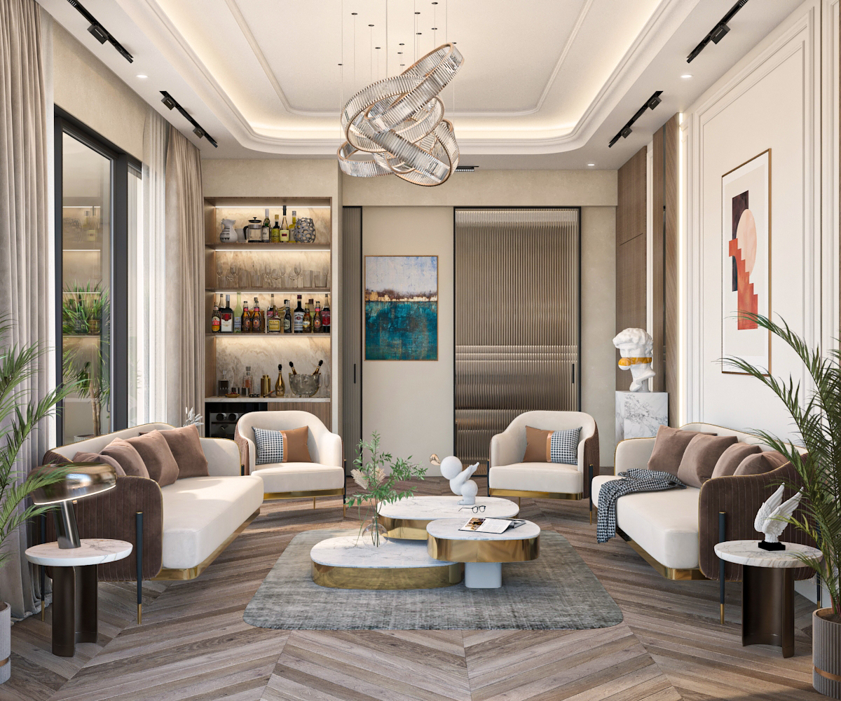 Luxury family lounge with marble-top coffee tables, illuminated bar display, and sculptural chandelier