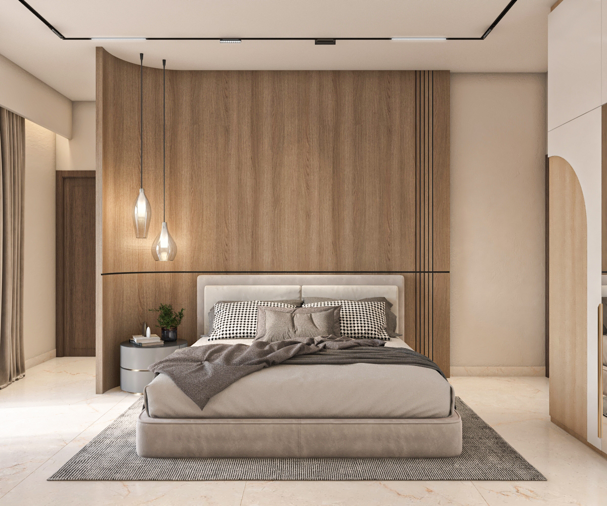 Parents' bedroom with curved timber headboard wall and pendant lighting