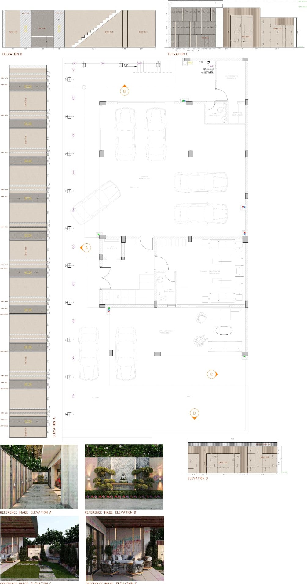 Boundary wall elevations with stilt parking plan and landscape references