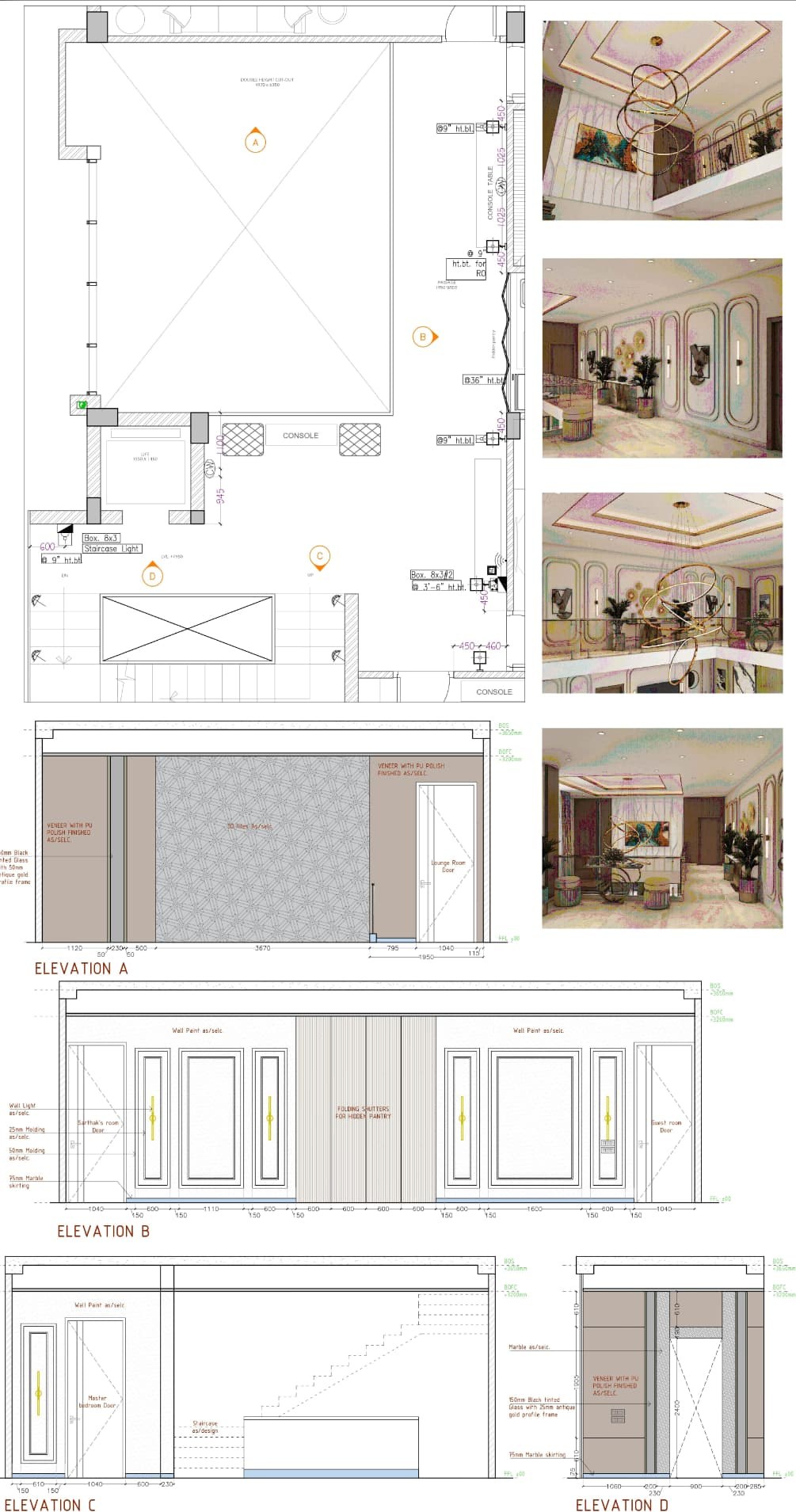 First floor lobby wall elevations with double-height cut-out and veneer panelling