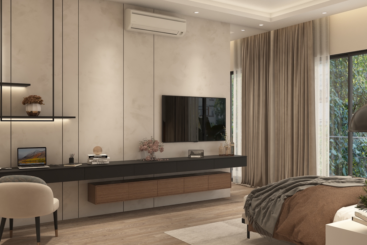 Bedroom with floating TV console, workspace, and floor-to-ceiling curtains