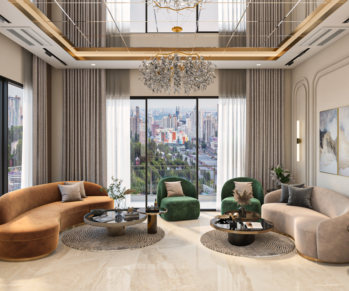 Formal living room with curved velvet sofas, twin coffee tables, and crystal chandelier framing city view