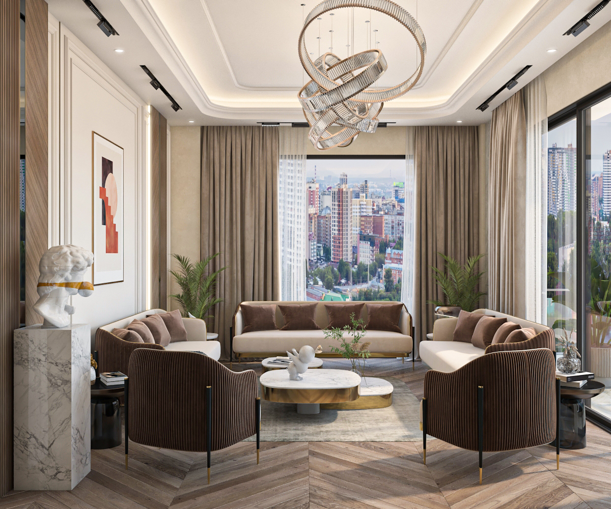 Formal lounge with panoramic city-facing seating, brass accents, and oversized statement chandelier