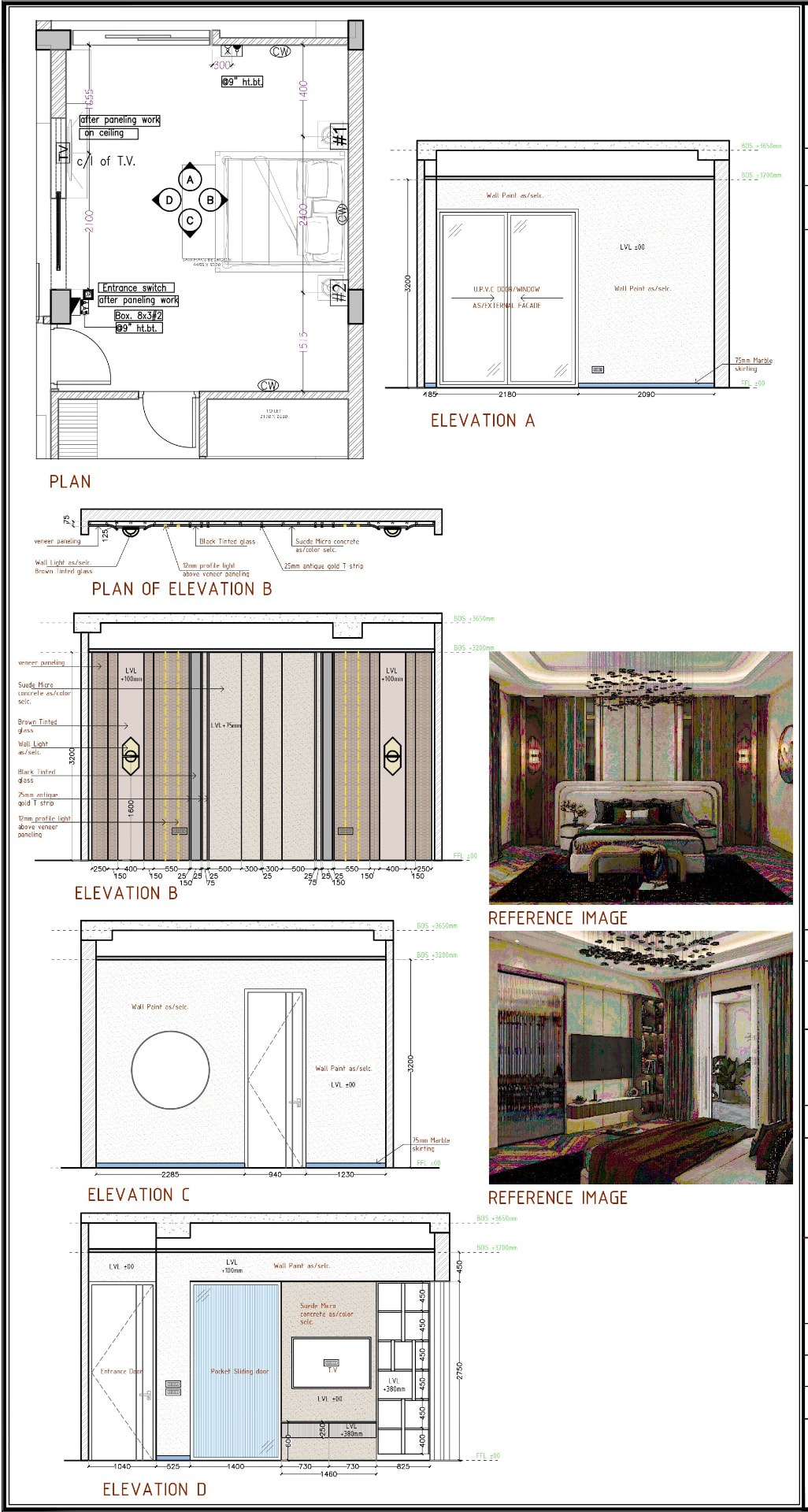 Bedroom plan and four wall elevations with veneer panelling and lighting details