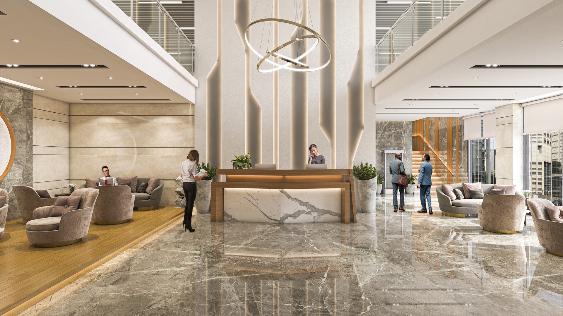 Double-height office lobby with marble flooring, brass ring chandelier, and reception desk