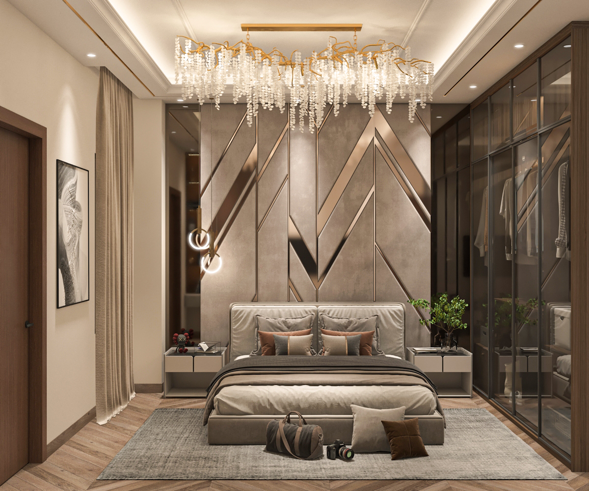 Master bedroom with geometric metallic headboard wall, cascading chandelier, and mirrored wardrobe