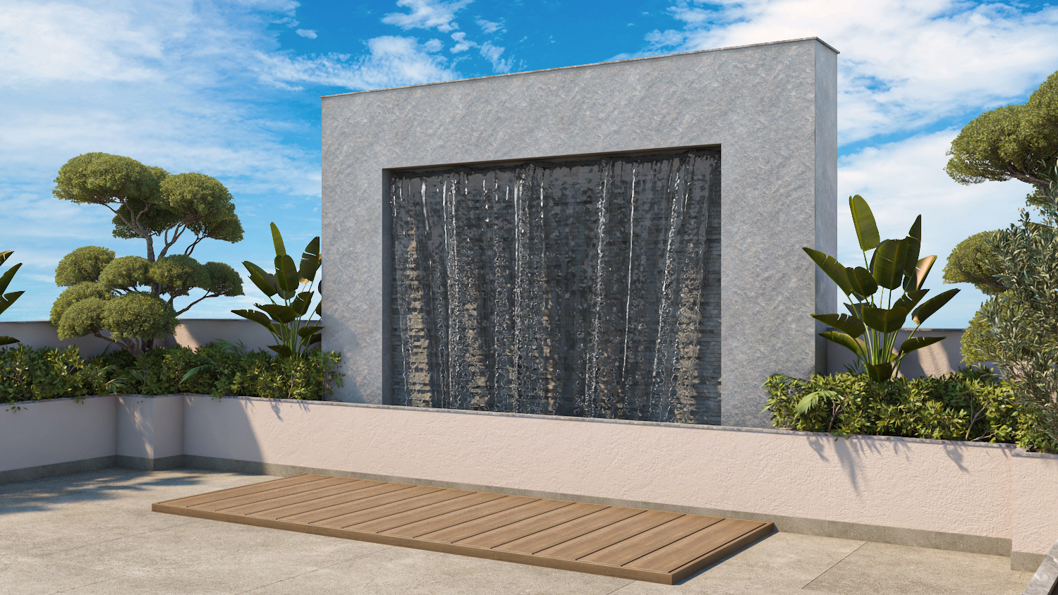 Rooftop terrace water wall with textured stone feature, timber deck, and landscaped planters