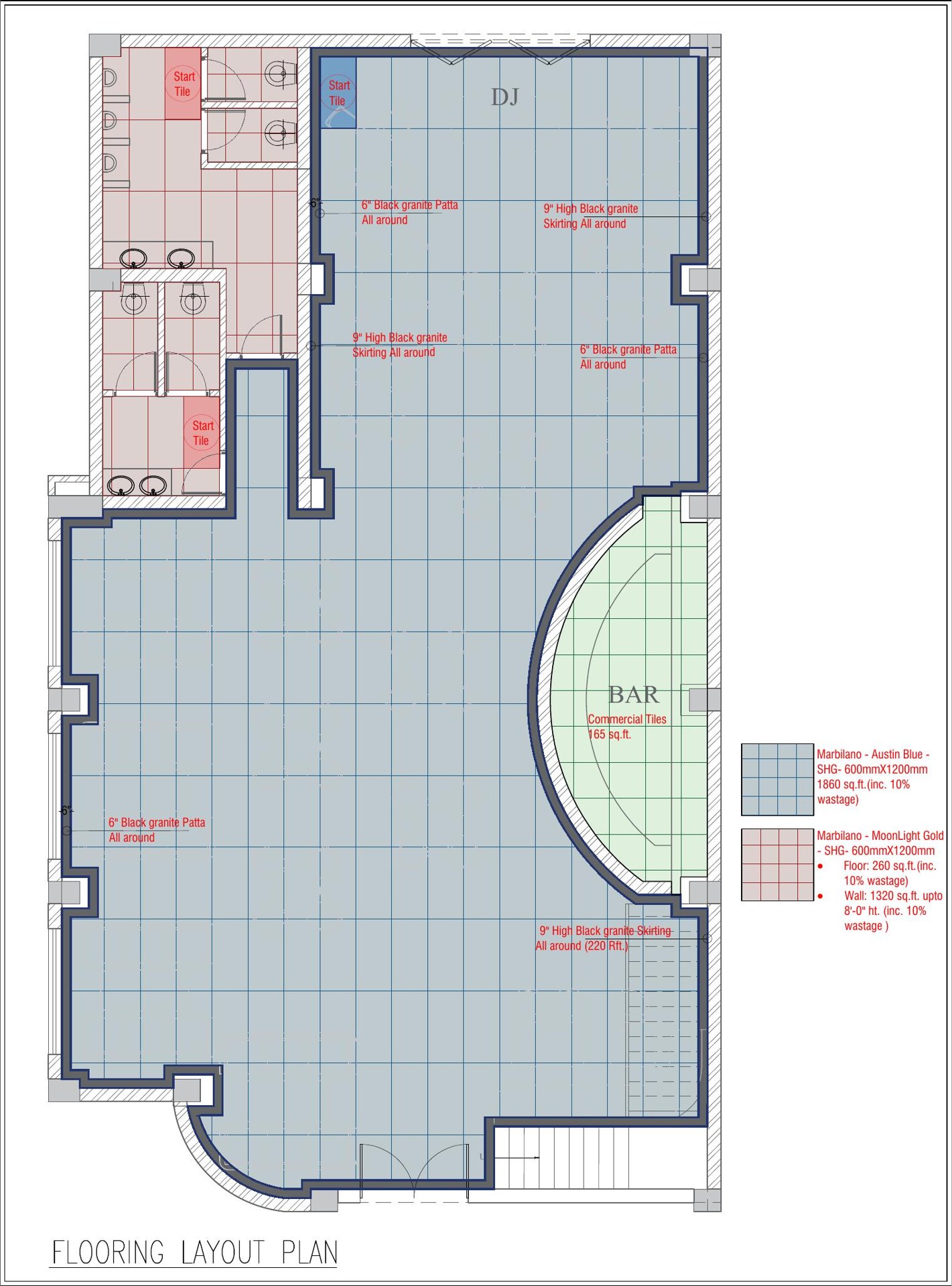 Flooring layout plan with granite and marble finish zoning for bar and dining areas