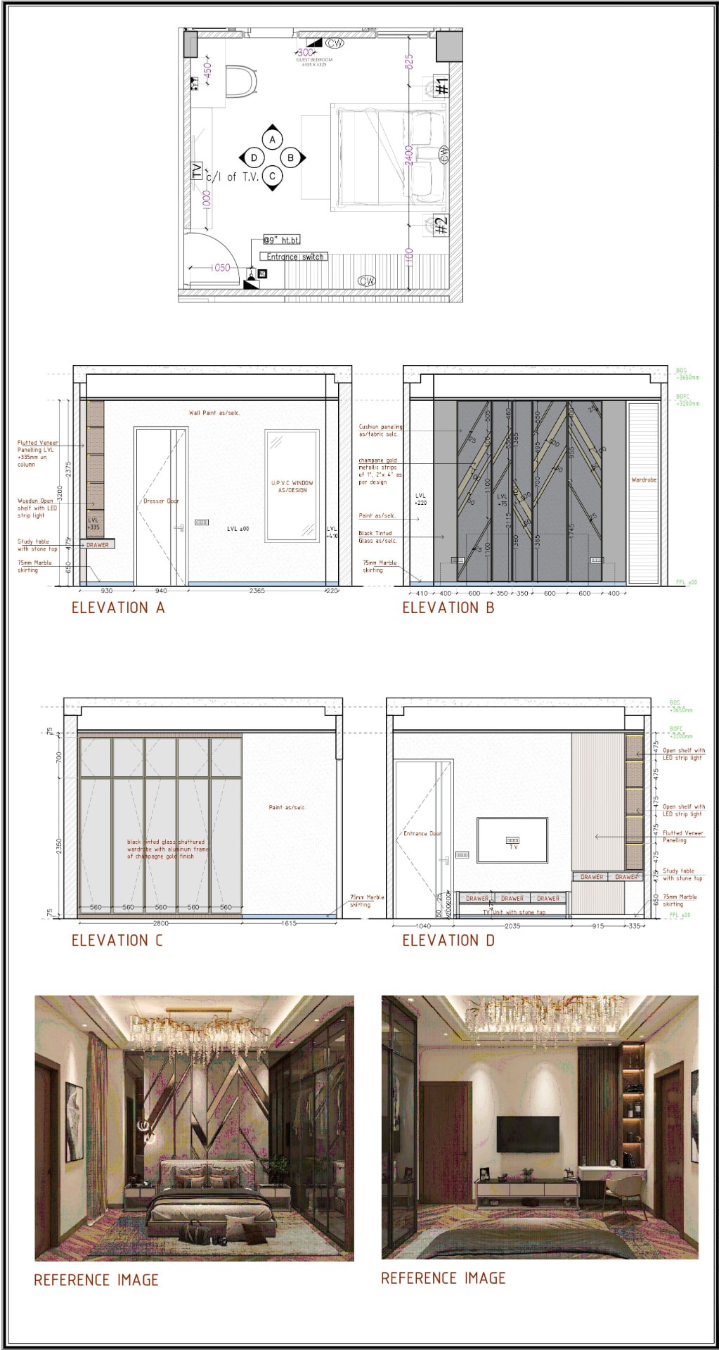 Guest room wall elevations with wardrobe, TV unit, and study table detailing