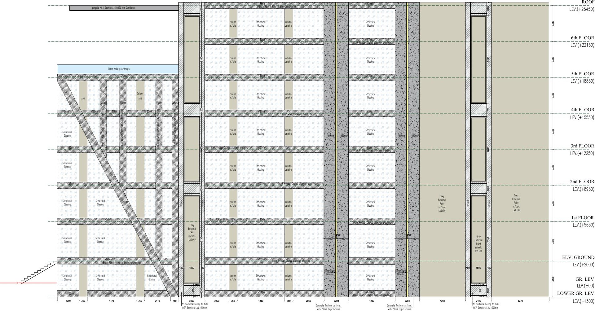 Right side elevation of a multi-storey commercial facade with glazing bays