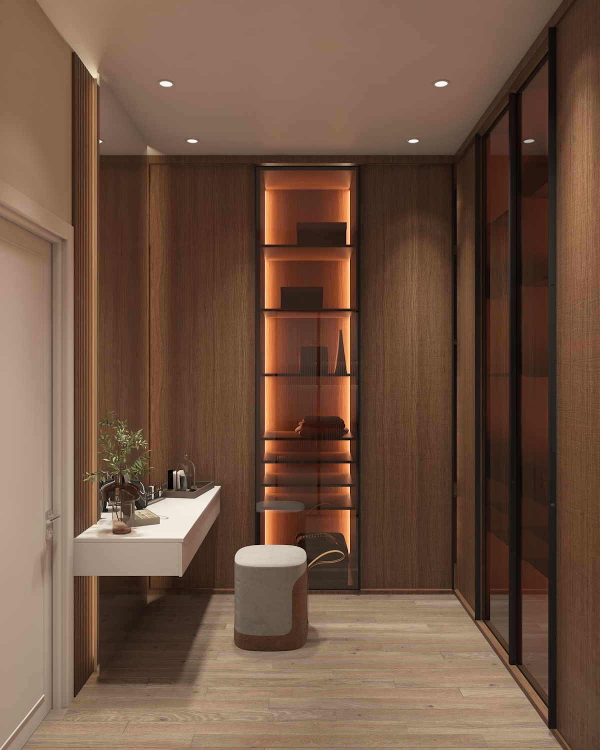 Walk-in dressing room with backlit shelves, timber wardrobes, and vanity