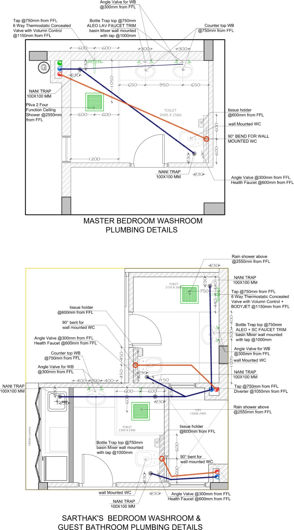 First floor plumbing details for master, bedroom, and guest bathrooms