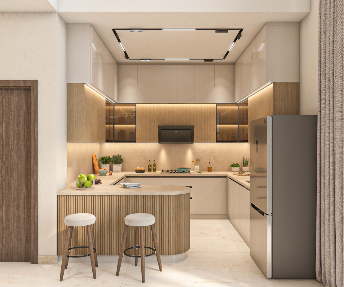 U-shaped modular kitchen with fluted breakfast counter and integrated lighting