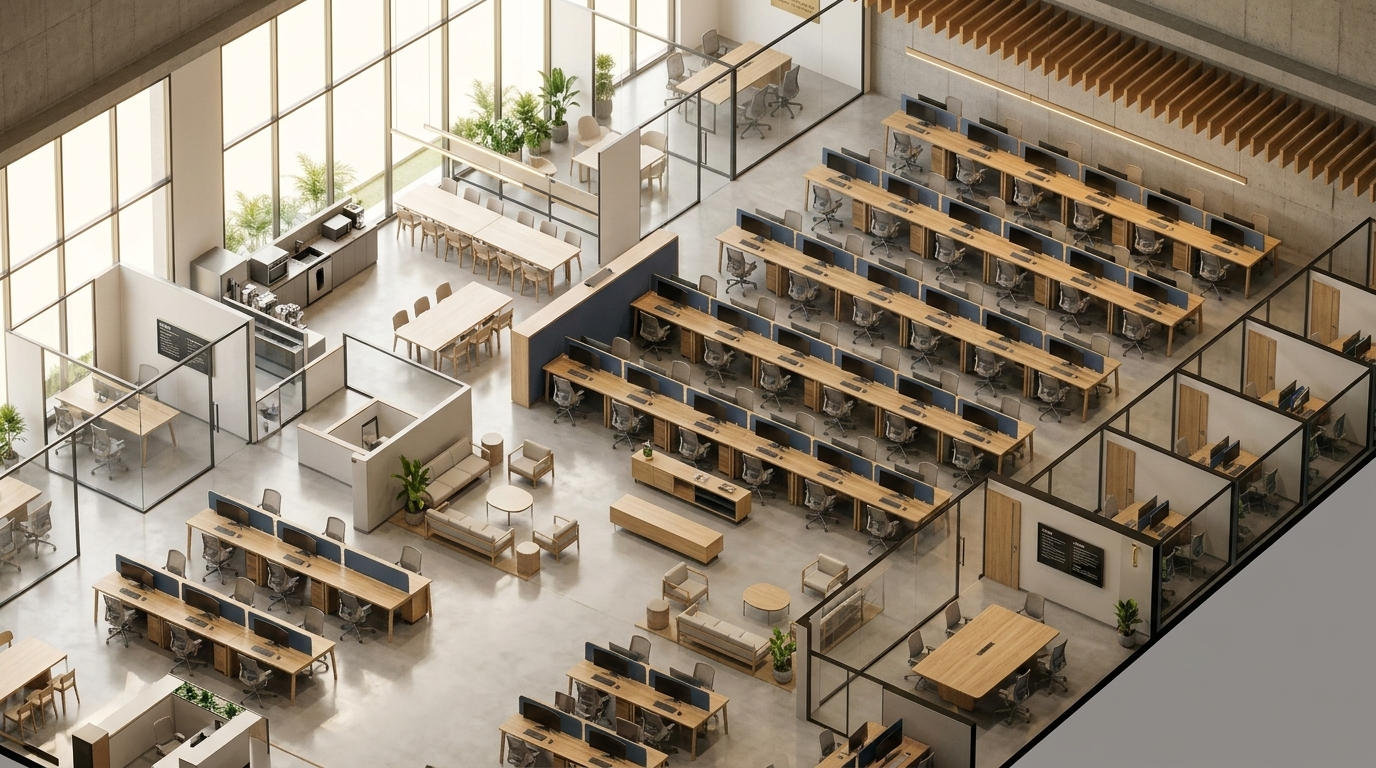 Isometric 3D workspace with open workstation rows, meeting rooms, pantry, and breakout lounges under a skylight