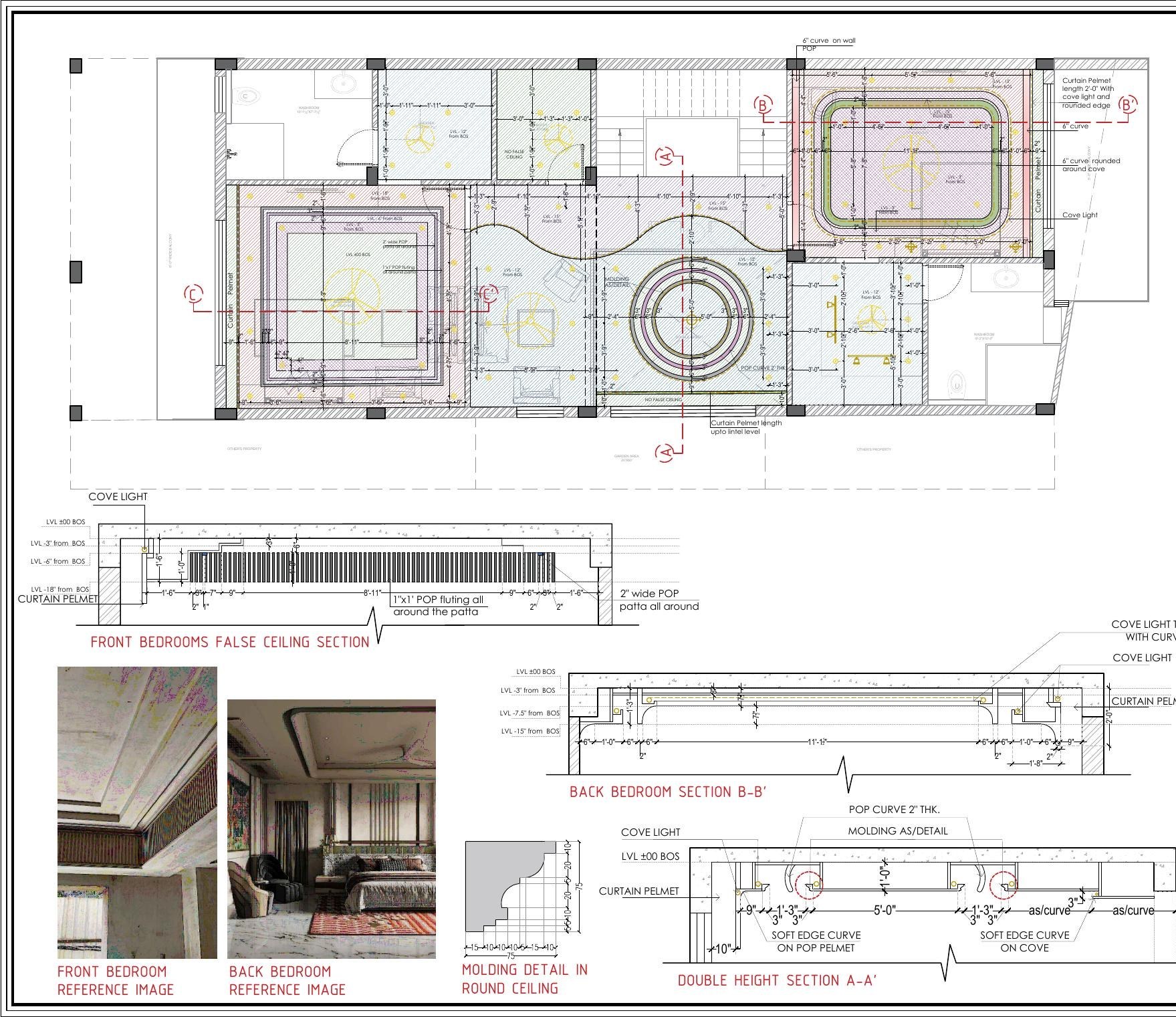 First floor false ceiling plan with cove lighting, POP sections, and moulding details