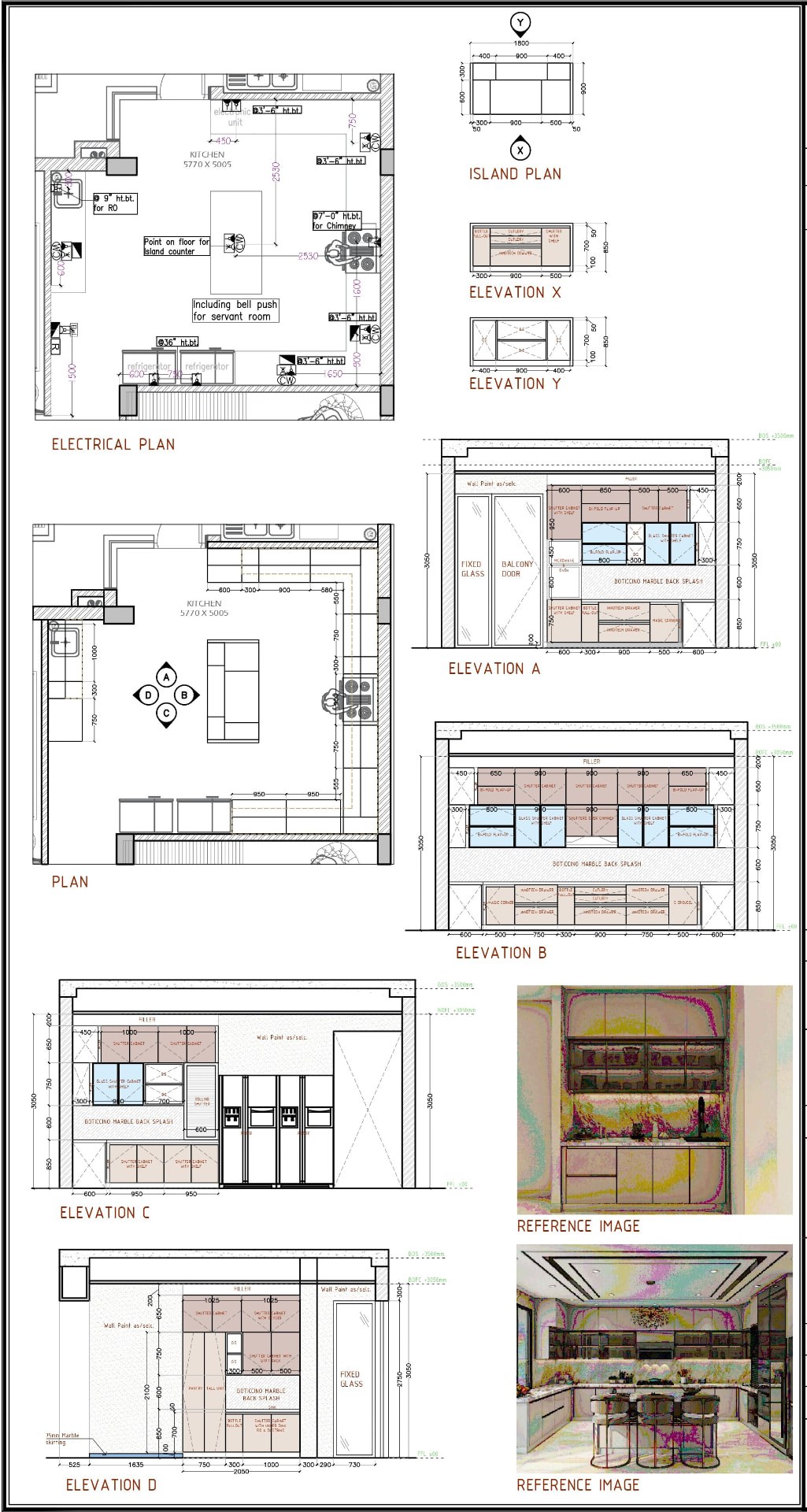 Kitchen electrical plan, island details, and four cabinetry elevations