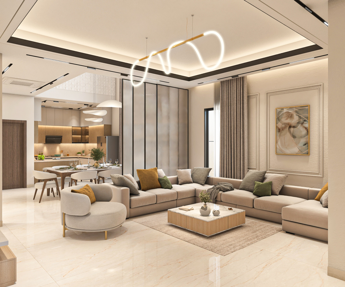 Open-plan living and dining with sculptural pendant and modular sofa