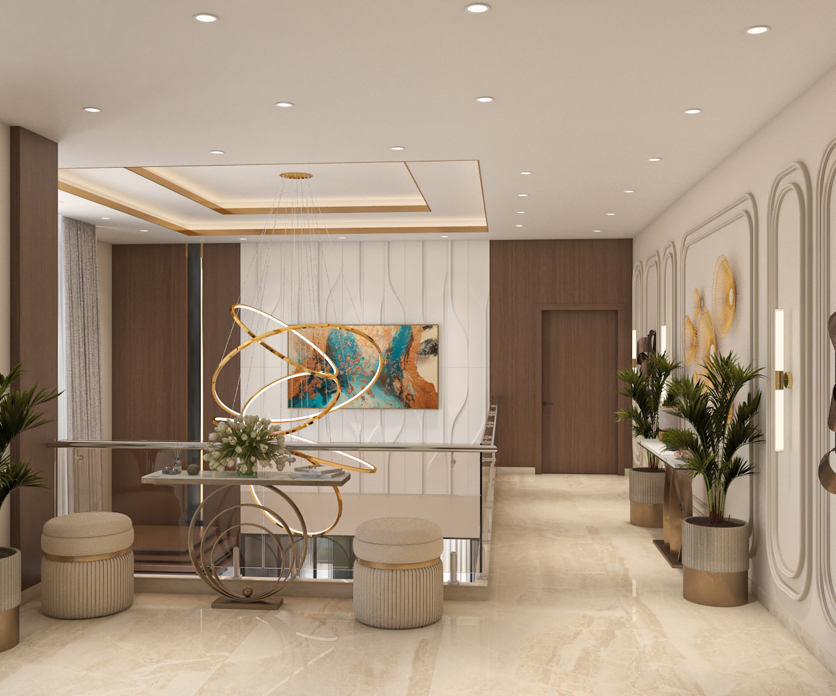 Upper passage with wall moulding, sculptural ring chandelier, and console vignette
