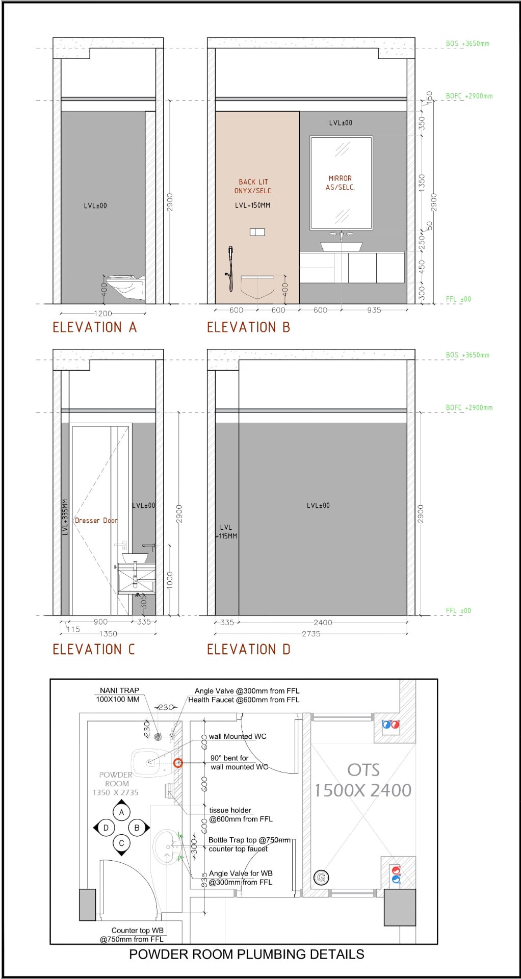 Powder room wall elevations with backlit onyx panel and plumbing details