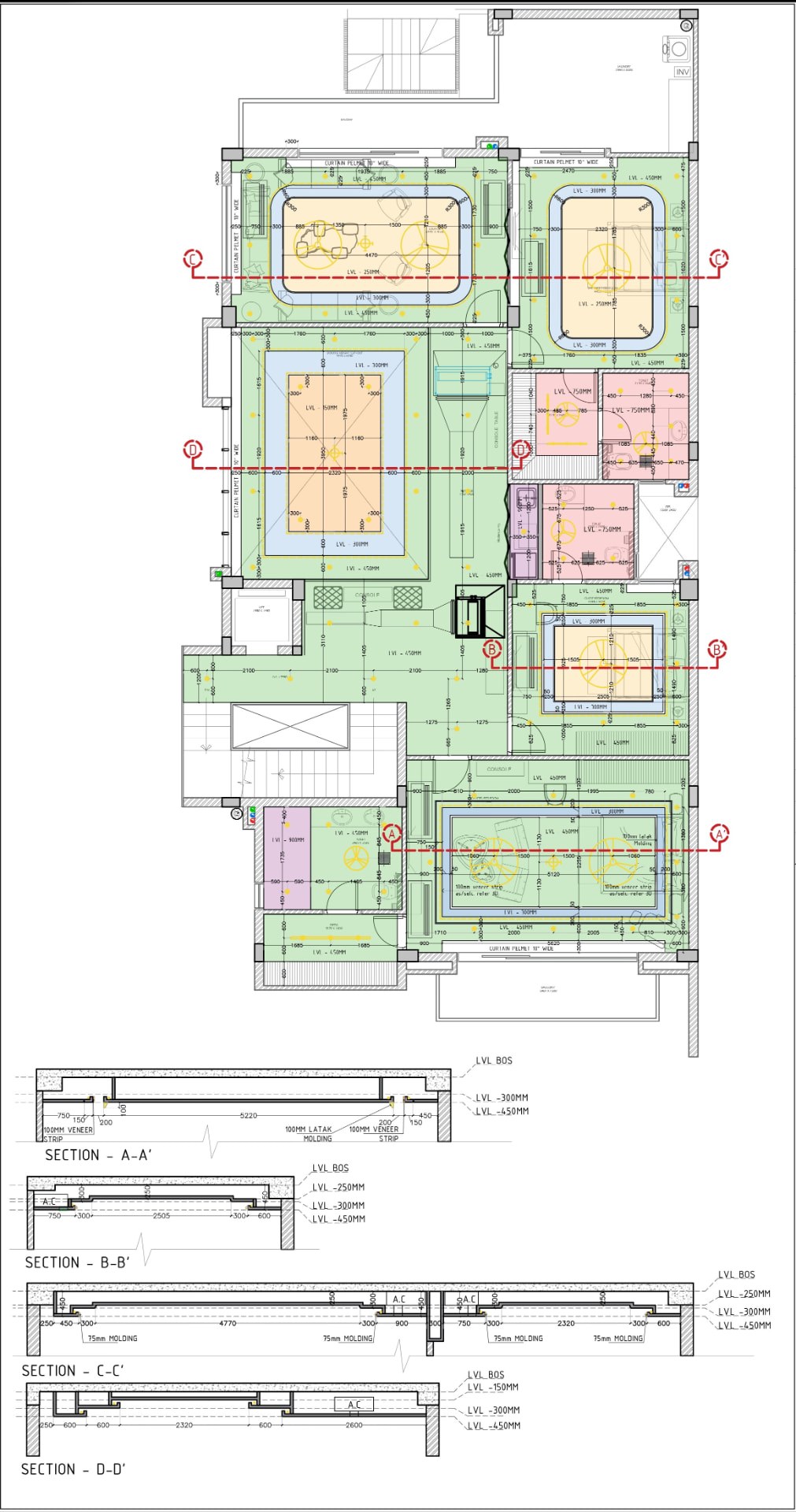 First floor false ceiling plan with cove lighting levels and sections