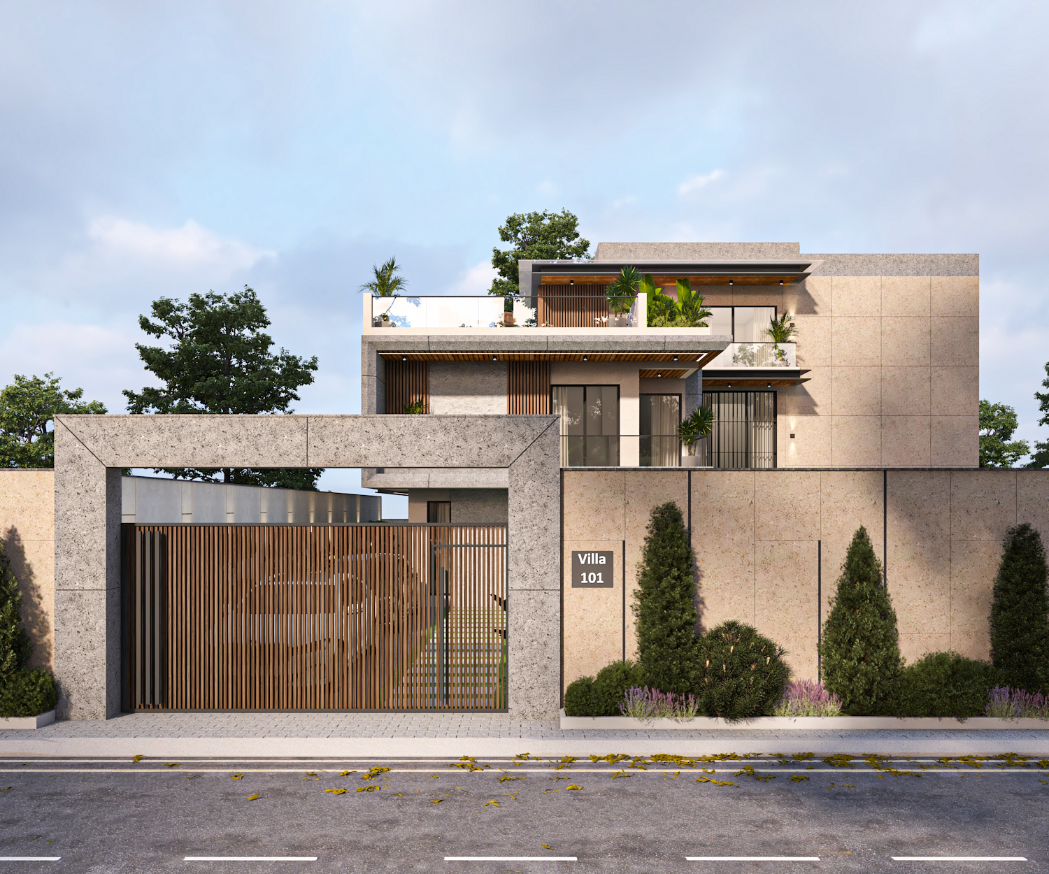 Villa in Kanpur — front facade with stone cladding and terrace planting