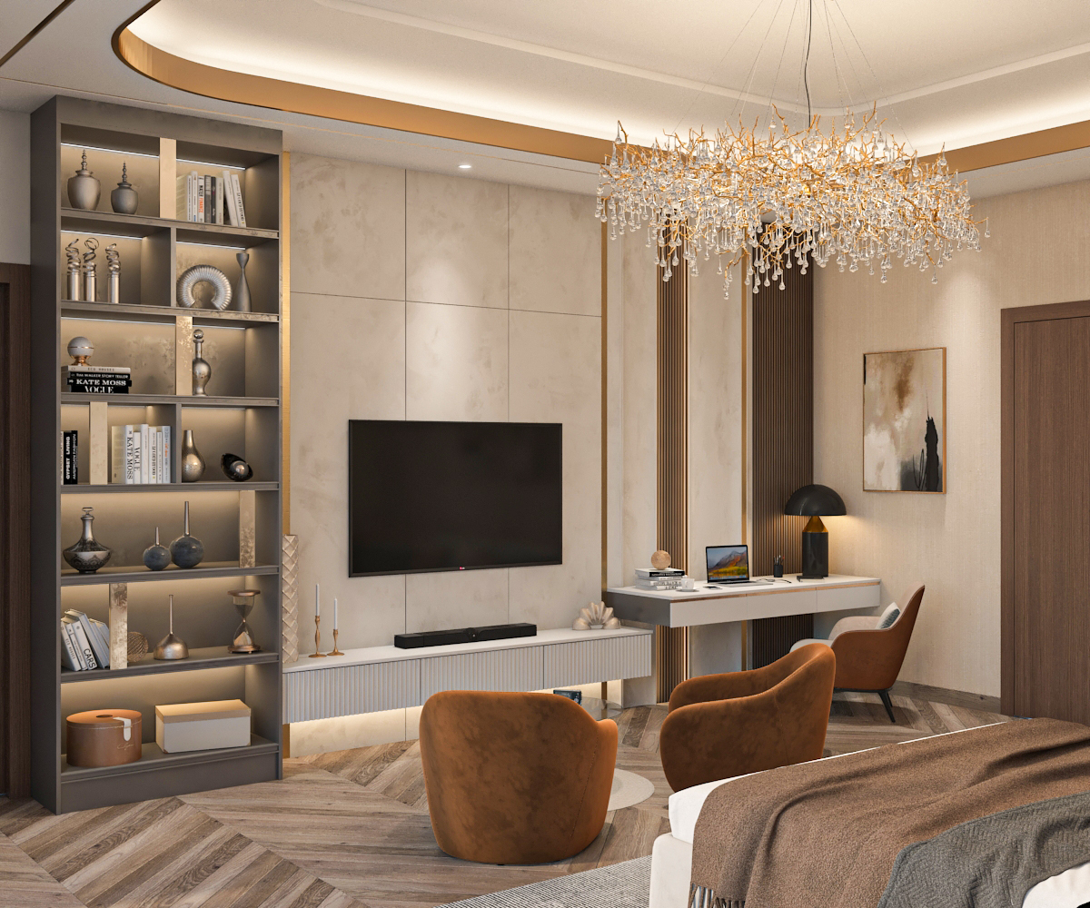 Bedroom lounge corner with crystal feature chandelier, study desk, and illuminated display shelving