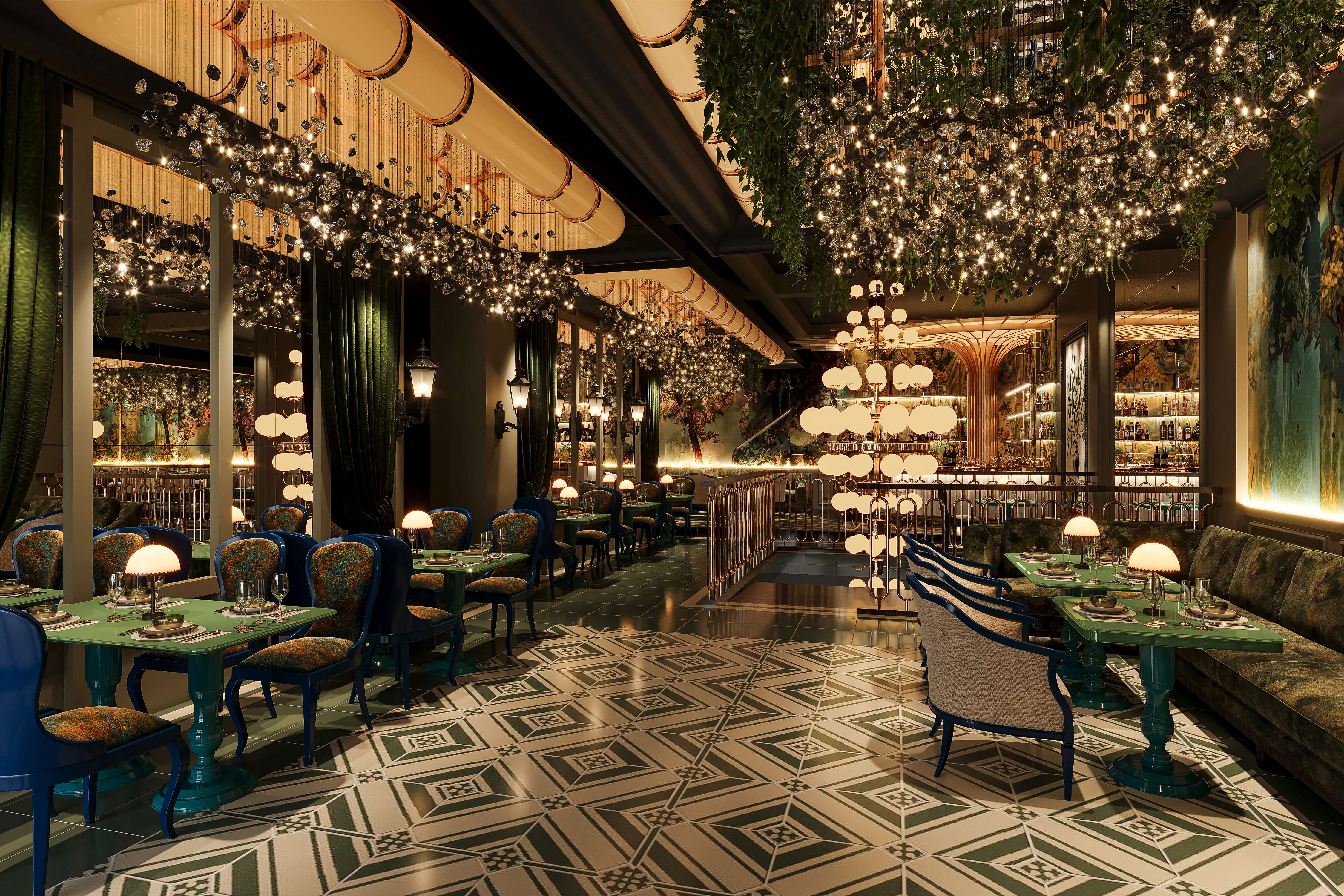 Dimly lit restaurant interior with ornate chandeliers and green patterned floor tiles
