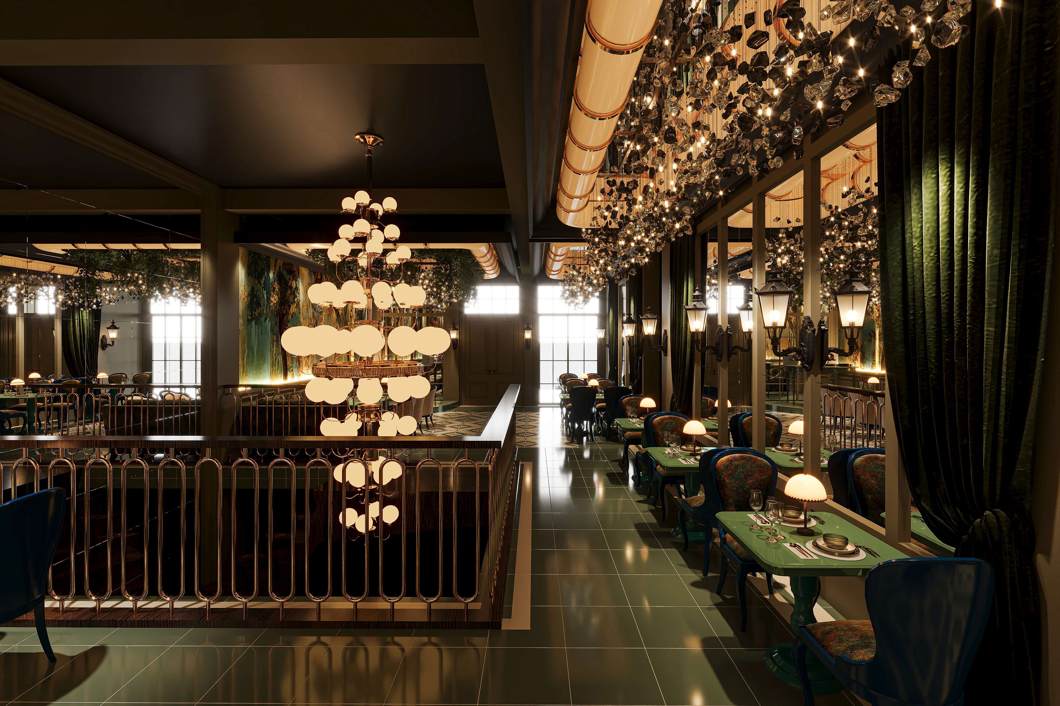 Double-height dining hall with tiered spherical chandelier and metal railing