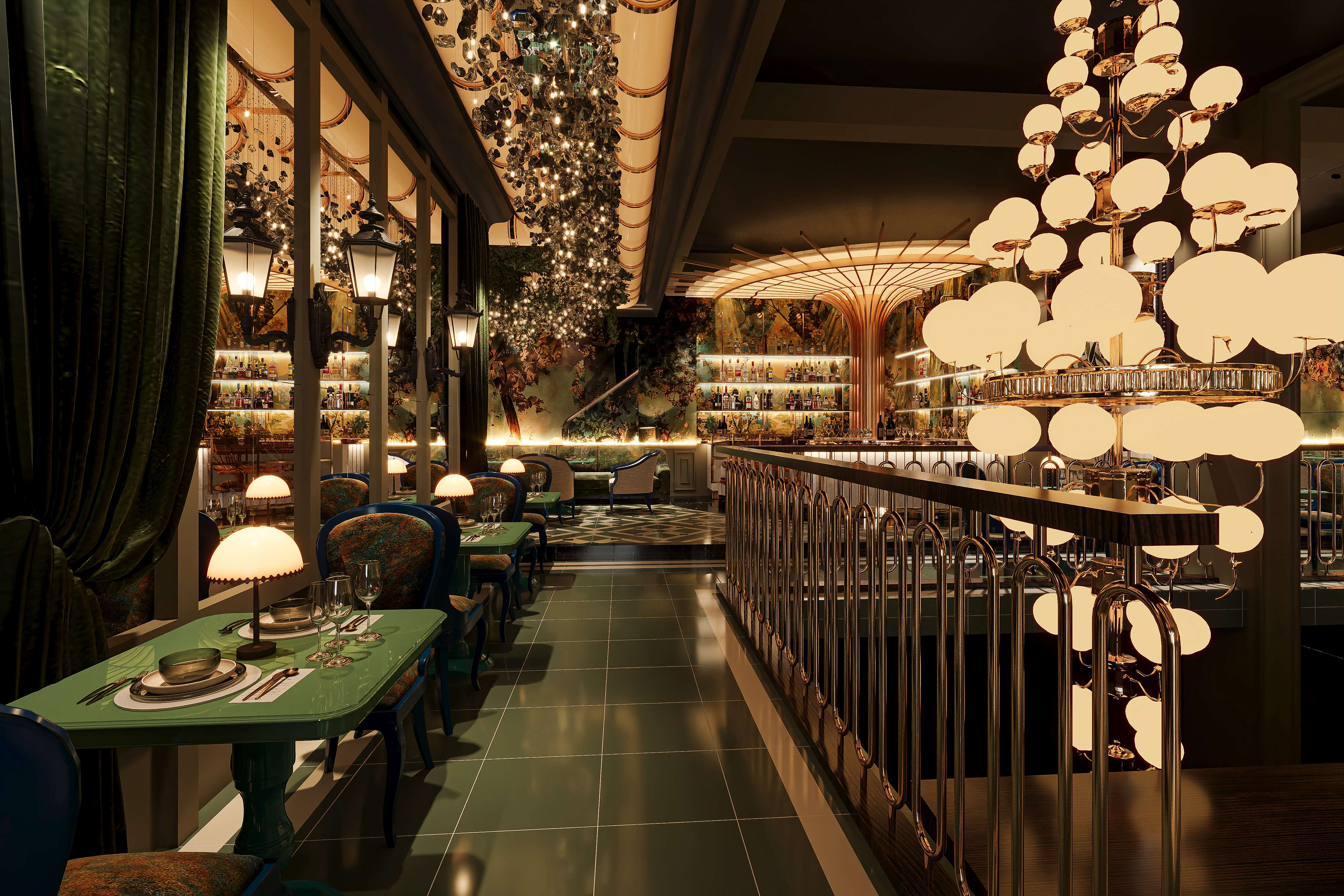 Moody restaurant interior with ornate chandelier, green tables, and bar