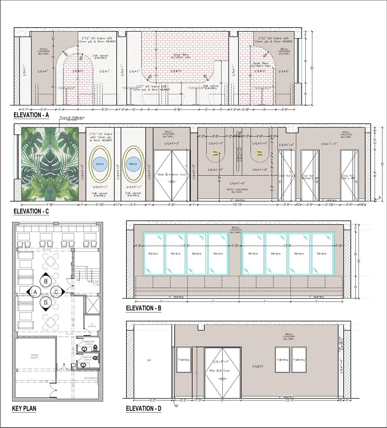 First floor wall elevations with panelling, doors, and key plan reference