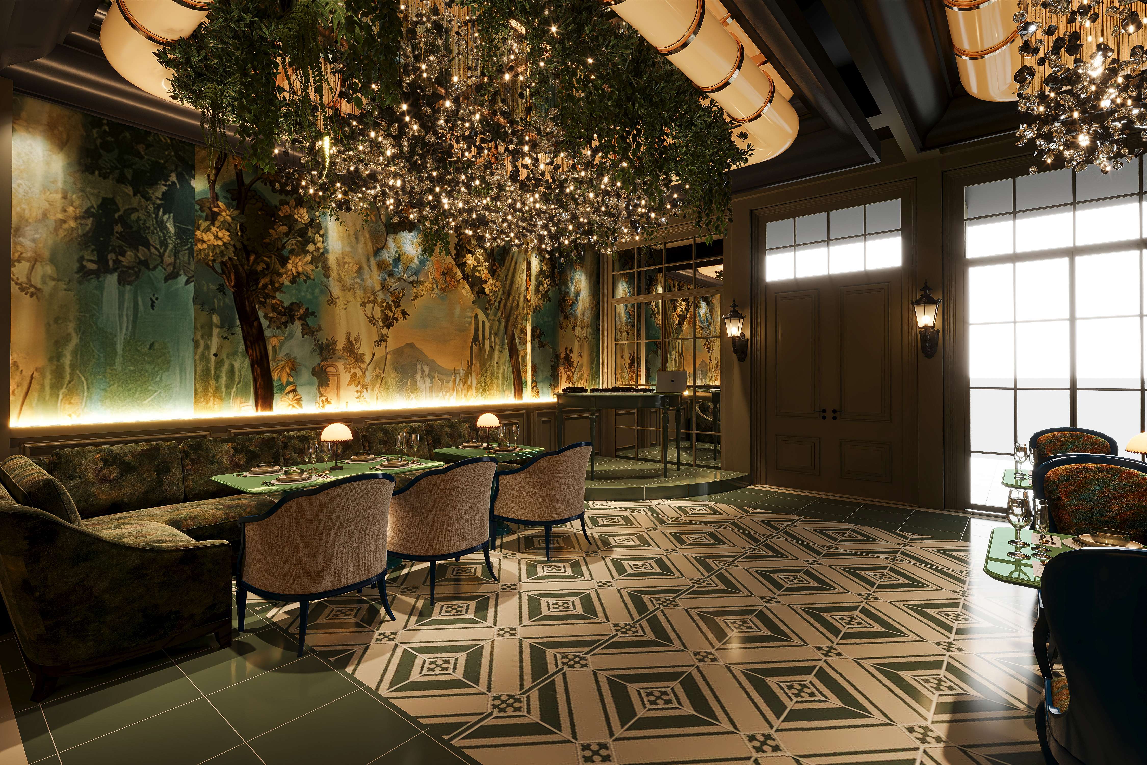 Restaurant featuring an illuminated tree sculpture and mural wall