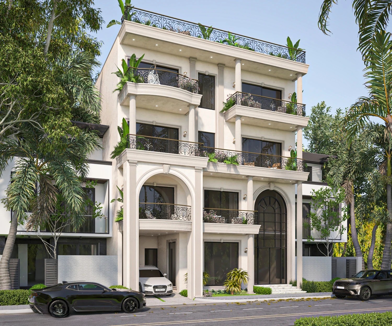 Elegant multi-storey Lucknow residence facade with arched openings, wrought-iron balconies, and landscaped driveway