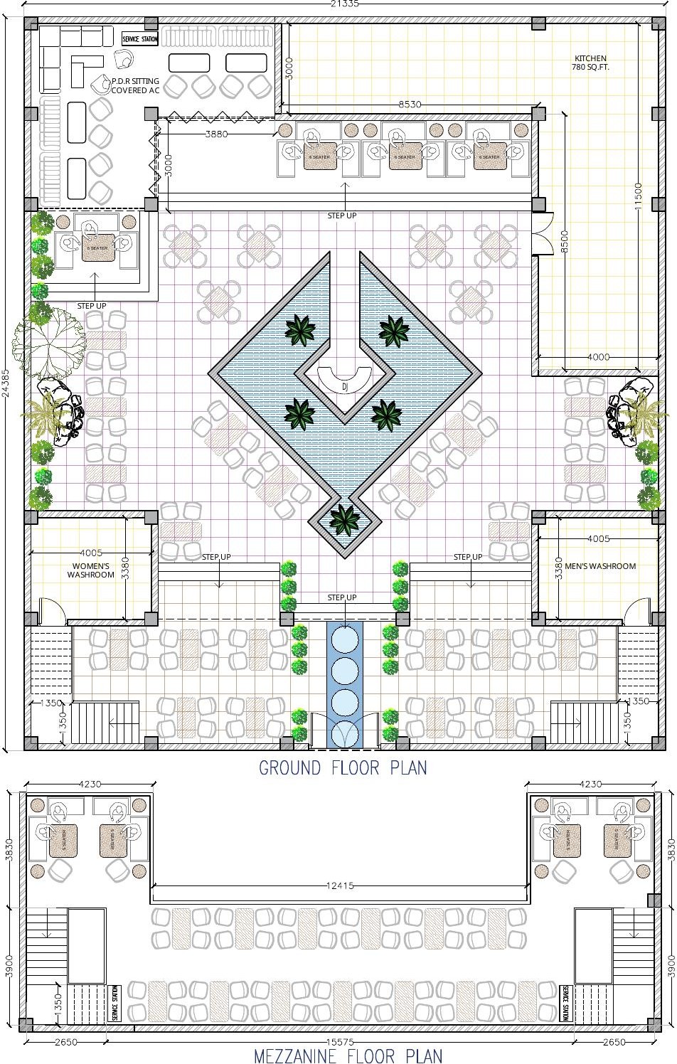Restaurant layout plan with ground floor and mezzanine seating arrangement